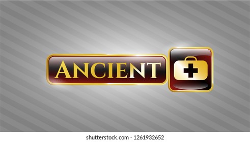  Gold badge or emblem with medical briefcase icon and Ancient text inside
