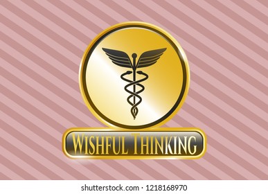  Gold badge or emblem with medicine icon and Wishful Thinking text inside