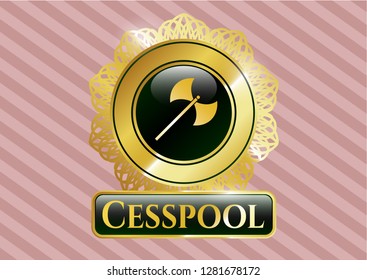  Gold badge or emblem with medieval axe icon and Cesspool text inside