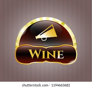  Gold badge or emblem with megaphone icon and Wine text inside
