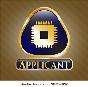  Gold badge or emblem with microchip, microprocessor icon and Applicant text inside