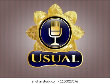  Gold badge or emblem with microphone icon and Usual text inside