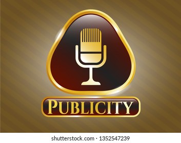  Gold badge or emblem with microphone icon and Publicity text inside