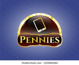  Gold badge or emblem with mobile phone icon and Pennies text inside