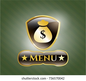  Gold badge or emblem with money bag icon and Menu text inside