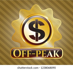  Gold badge or emblem with money icon and Off-peak text inside