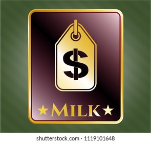  Gold badge or emblem with money tag icon and Milk text inside