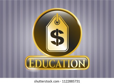  Gold badge or emblem with money tag icon and Education text inside