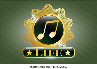  Gold badge or emblem with musical note icon and Life text inside