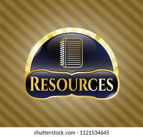  Gold badge or emblem with note book icon and Resources text inside