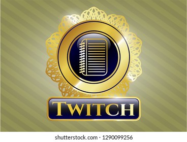  Gold badge or emblem with note book icon and Twitch text inside