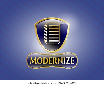  Gold badge or emblem with note book icon and Modernize text inside