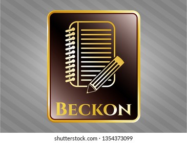  Gold badge or emblem with notebook with pencil icon and Beckon text inside
