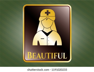  Gold badge or emblem with nurse icon and Beautiful text inside