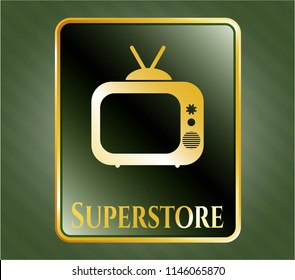  Gold badge or emblem with old tv, television icon and Superstore text inside