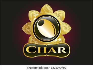  Gold badge or emblem with olive icon and Char text inside