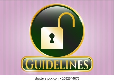  Gold badge or emblem with open lock icon and Guidelines text inside