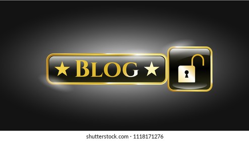  Gold badge or emblem with open lock icon and Blog text inside