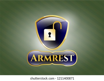  Gold badge or emblem with open lock icon and Armrest text inside