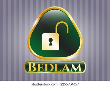 Gold badge or emblem with open lock icon and Bedlam text inside
