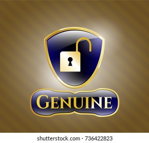  Gold badge or emblem with open lock icon and Genuine text inside