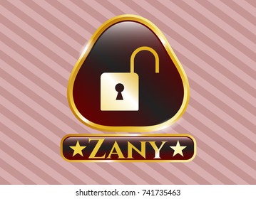  Gold badge or emblem with open lock icon and Zany text inside