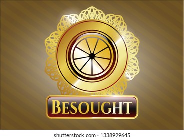  Gold badge or emblem with orange icon and Besought text inside