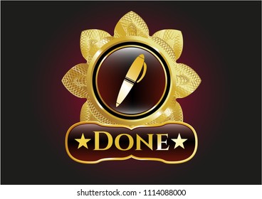   Gold badge or emblem with pen icon and Done text inside