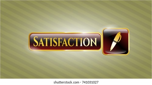  Gold badge or emblem with pen icon and Satisfaction text inside