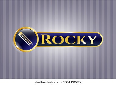  Gold badge or emblem with pencil icon and Rocky text inside