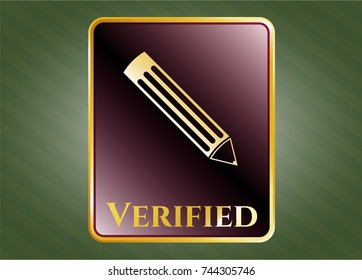  Gold badge or emblem with pencil icon and Verified text inside