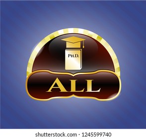  Gold badge or emblem with Phd thesis icon and All text inside