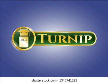  Gold badge or emblem with Phd thesis icon and Turnip text inside