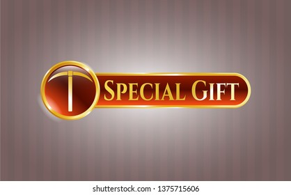  Gold badge or emblem with pickaxe icon and Special Gift text inside