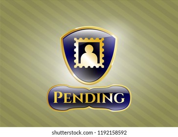  Gold badge or emblem with picture icon and Pending text inside