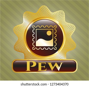  Gold badge or emblem with picture icon and Pew text inside