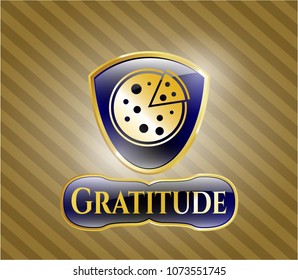   Gold badge or emblem with pizza icon and Gratitude text inside