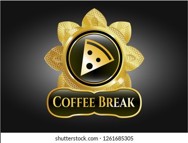  Gold badge or emblem with pizza slice icon and Coffee Break text inside