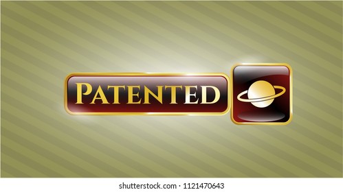  Gold badge or emblem with planet, saturn icon and Patented text inside