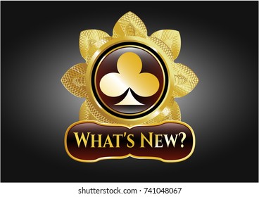  Gold badge or emblem with poker clover icon and What's New? text inside