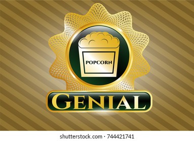  Gold badge or emblem with popcorn icon and Genial text inside