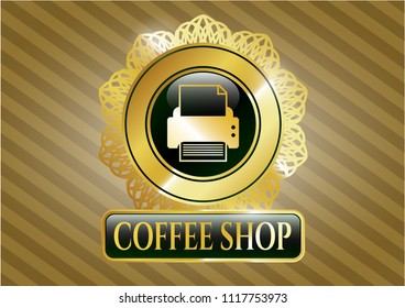  Gold badge or emblem with printer icon and Coffee Shop text inside