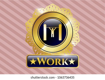  Gold badge or emblem with pull up icon and Work text inside