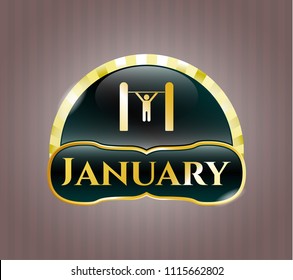 Gold badge or emblem with pull up icon and January text inside