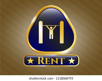  Gold badge or emblem with pull up icon and Rent text inside