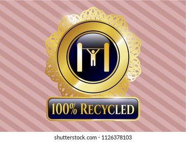  Gold badge or emblem with pull up icon and 100% Recycled text inside