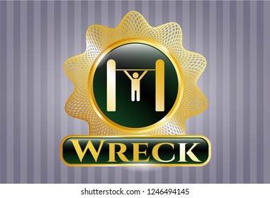  Gold badge or emblem with pull up icon and Wreck text inside