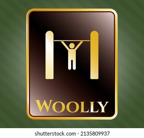Insignia de oro o emblema con icono de elevación y texto en Wooly dentro