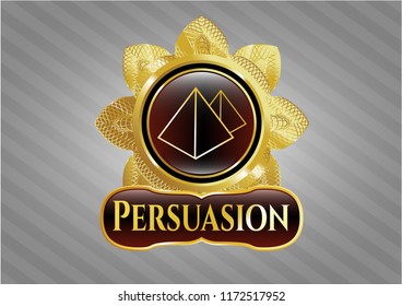  Gold badge or emblem with pyramids icon and Persuasion text inside