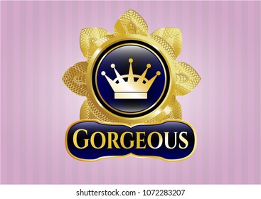   Gold badge or emblem with queen crown icon and Gorgeous text inside